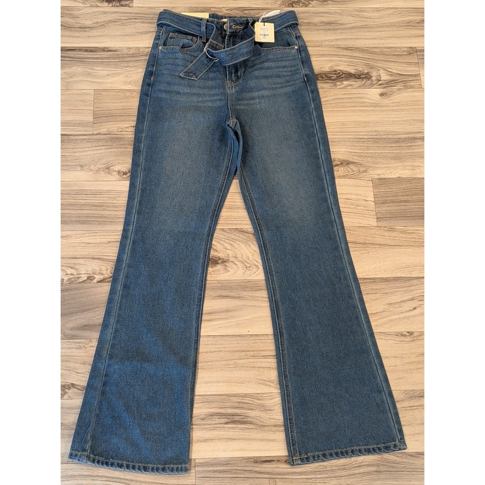 Tgla Womens High Rise Flare Belted Jeans Blue Medium Wash Belted Fit 26x32 NWT